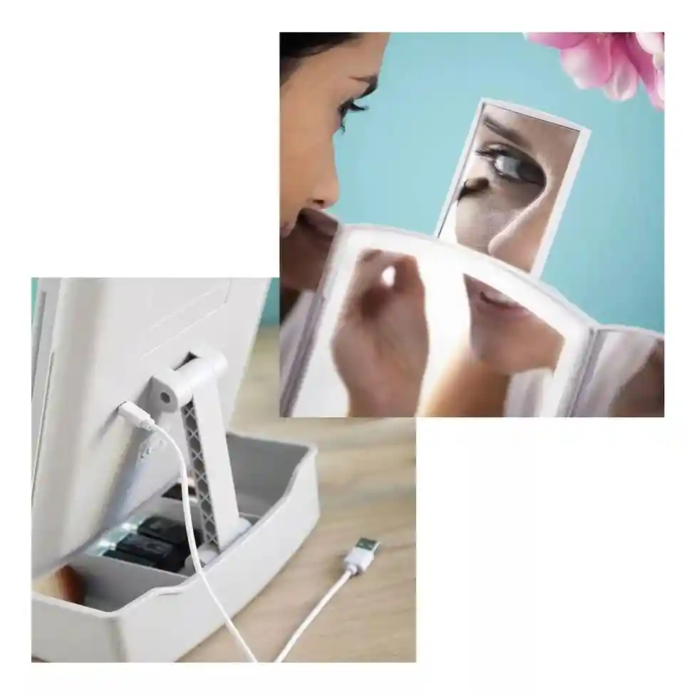 Espejo Led Plegable Con Organizador De Maquillaje 3 En 1
