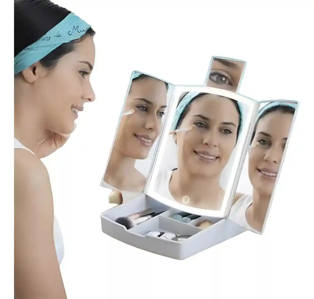 Espejo Led Plegable Con Organizador De Maquillaje 3 En 1