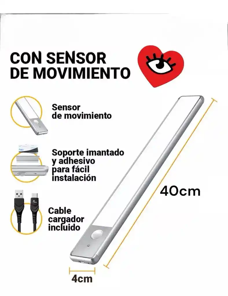 Barra Luz Led Veoquiero 40cm Usb Recargable Con Sensor De Movimiento Bajo Alacena Cocina