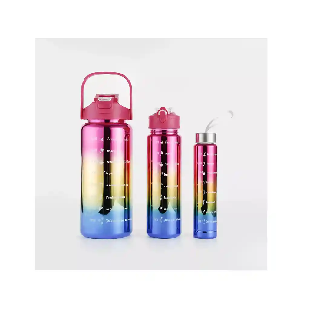 Set De 3 Termos Botella De Agua Motivacional Metalizados