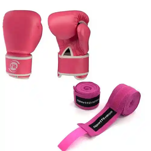 Combo Guantes Boxeo 10 Oz Y Vendaje Boxeo Fucsia