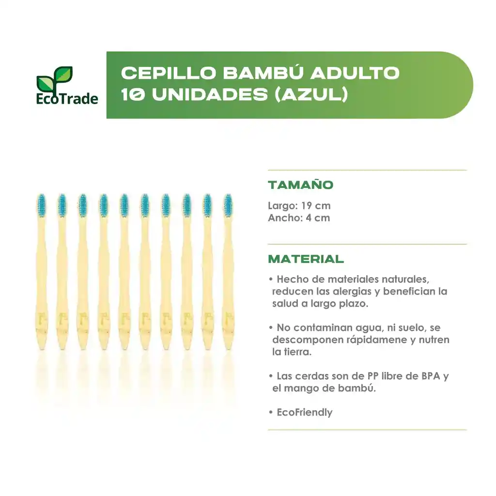 Cepillo De Dientes En Bambu Adulto Azul 10 Unidades Ecotrade