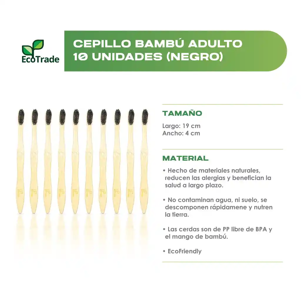 Cepillo De Dientes En Bambu Adulto Negro 10 Unidades Ecotrade
