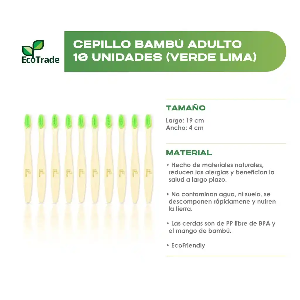 Cepillo De Dientes En Bambu Adulto Verde Lima 10 Unidades Ecotrade