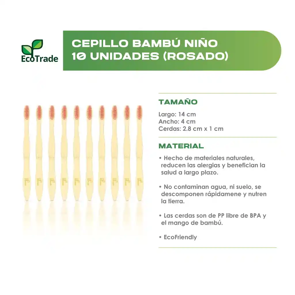 Cepillo De Dientes En Bambu Niño Rosado 10 Unidades Ecotrade