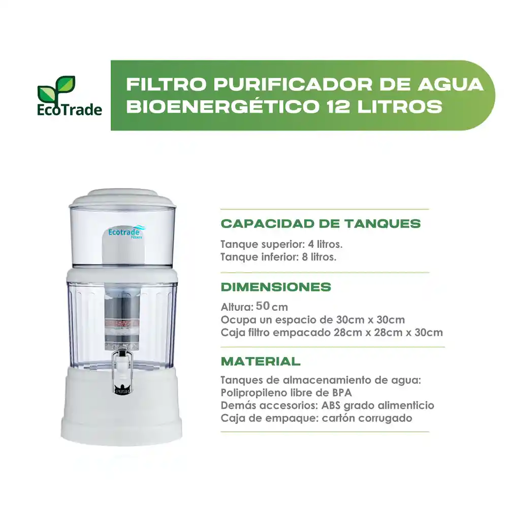 Filtro Purificador Agua 12 Litros Tapa Plana Ecotrade