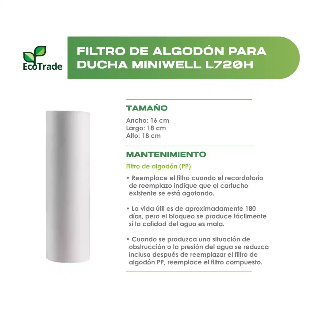 Filtro De Algodon Para Ducha Purificadora De Agua Miniwell