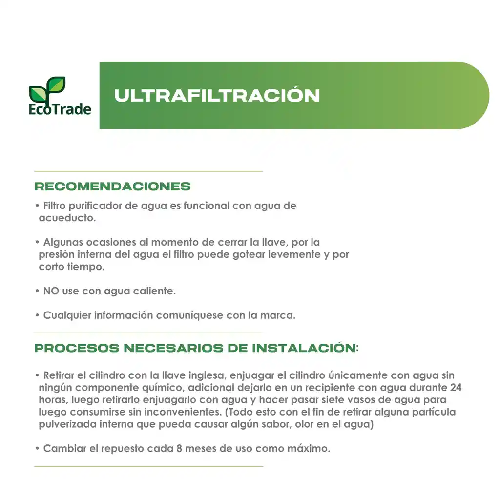Cartucho Repuesto Filtro Purificador Agua Ultrafiltración