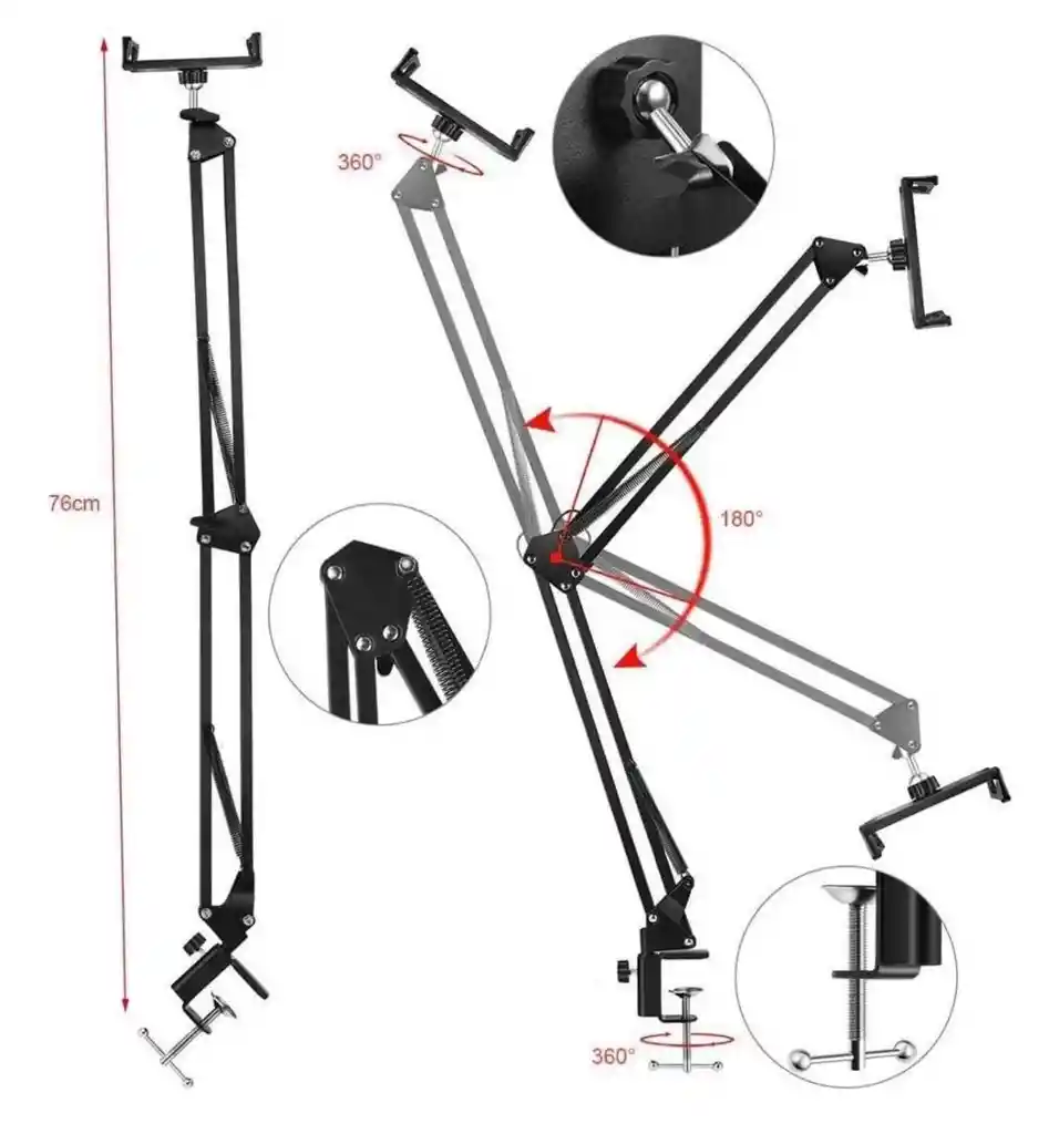 Soporte Brazo Articulado De Suspensión Metálica Con Rosca 1/4 Para Celular, Tablet Y Más