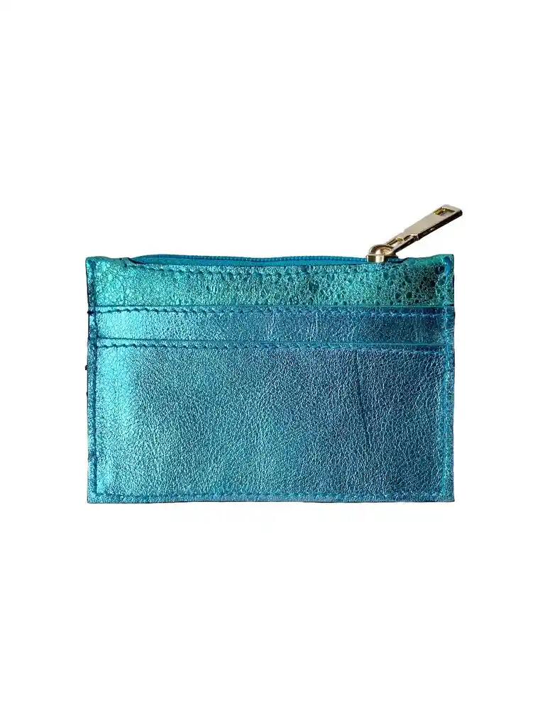 Tarjetero Mini En Cuero Azul Glitter