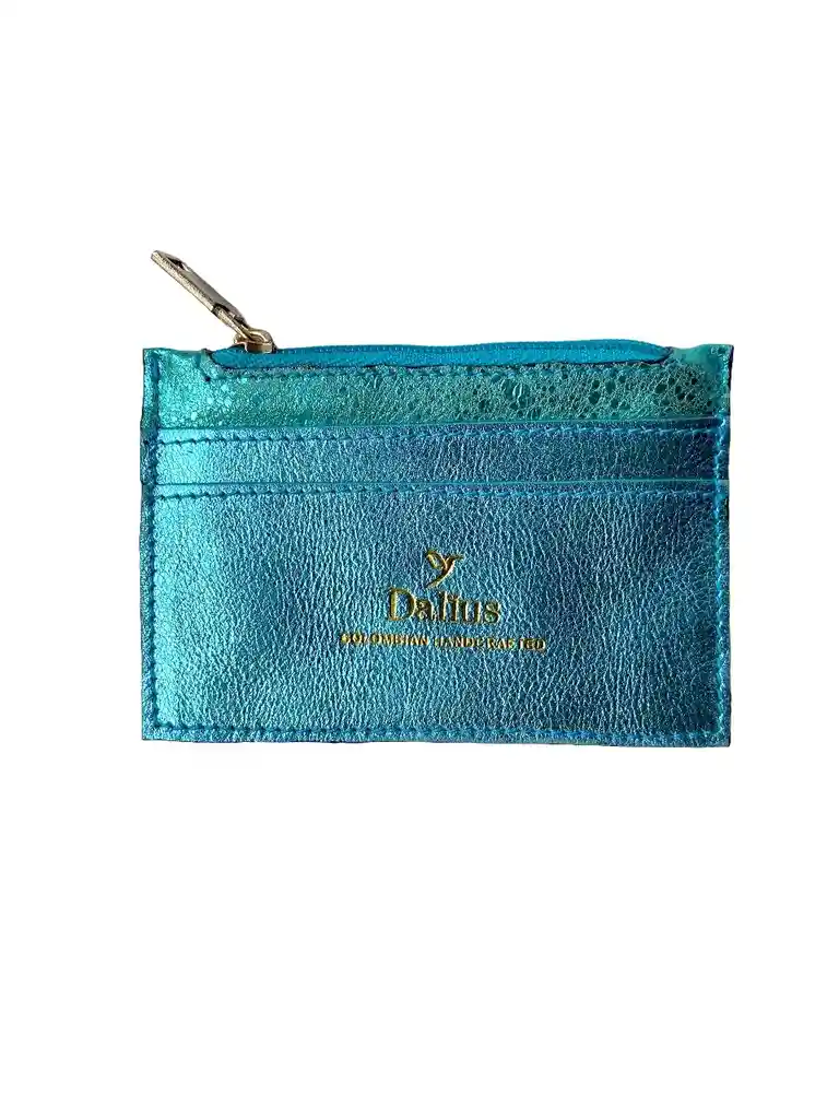 Tarjetero Mini En Cuero Azul Glitter