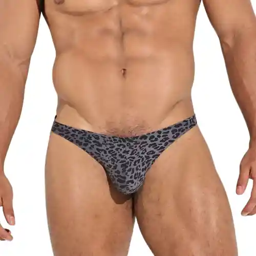 Talla L Classic Thong Tanga Clásica Brasilera Hilo Hombre Animal Print Gris Algodón Blokes