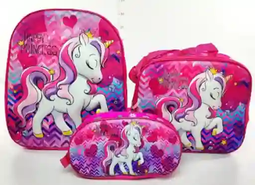 Morral Niña 3d Mediano 3 Bolsillo + Lonchera + Cartuchera X3