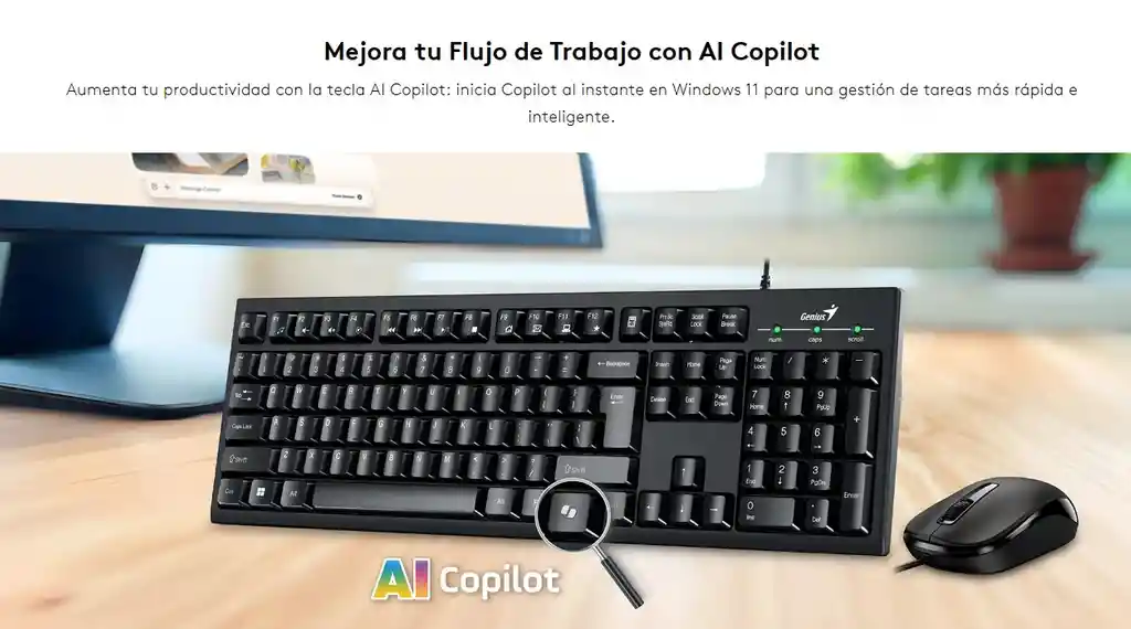 Eleva Tu Productividad Con El Combo Usb Genius Km-100se: Teclado Resistente A Derrames, Acceso Rápido A Copilot Y Mouse Óptico De 1200 Dpi