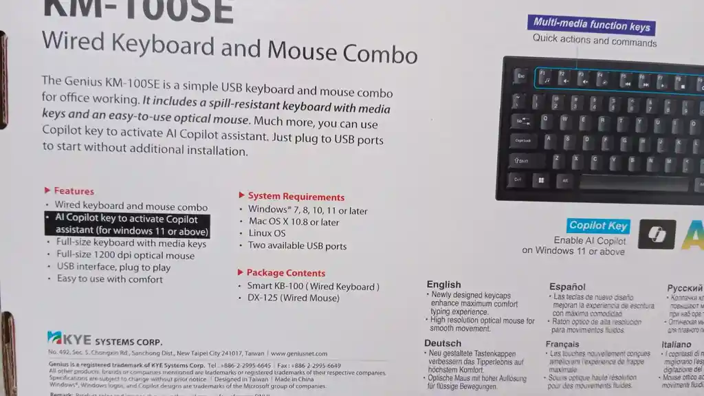 Eleva Tu Productividad Con El Combo Usb Genius Km-100se: Teclado Resistente A Derrames, Acceso Rápido A Copilot Y Mouse Óptico De 1200 Dpi