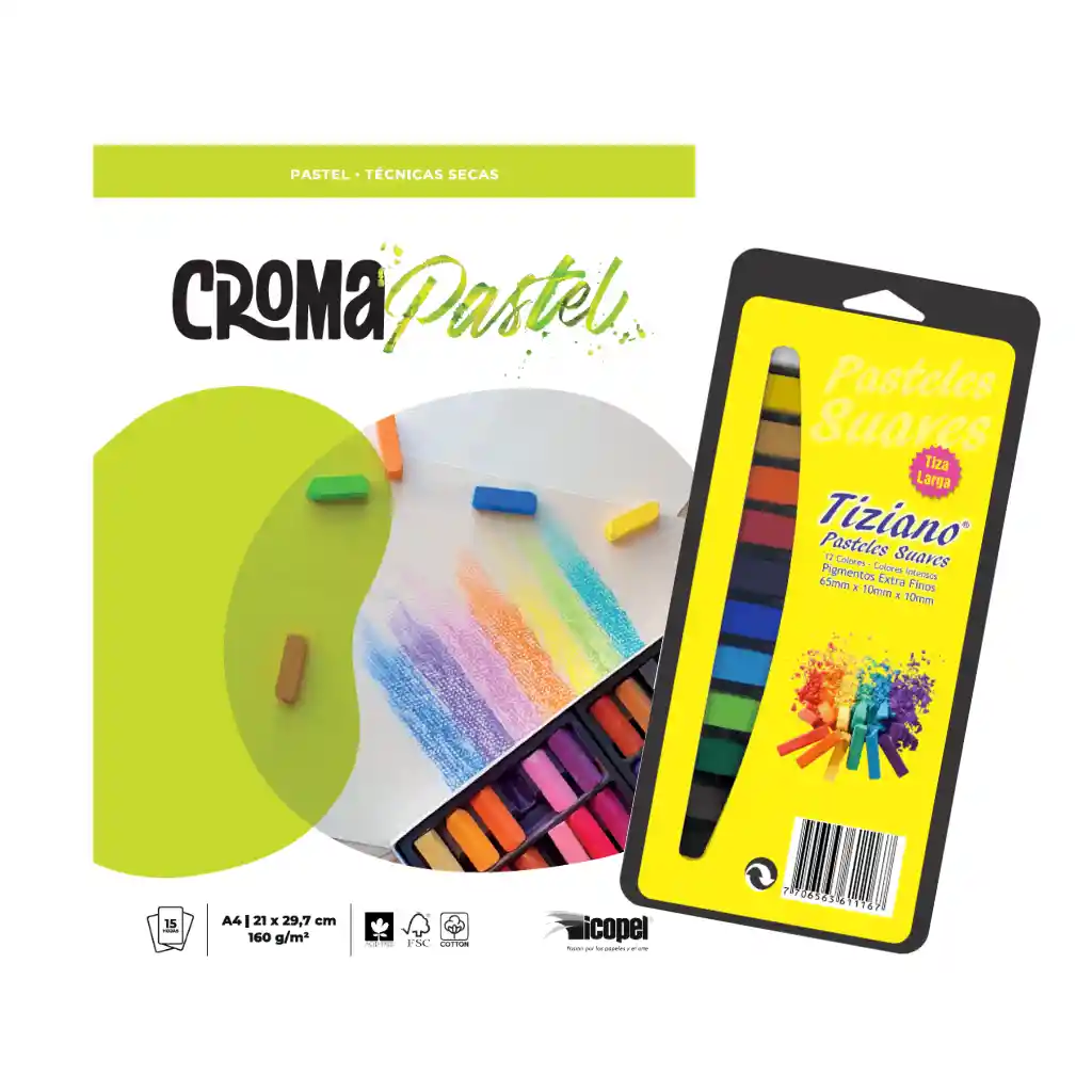 Set Block Croma Pastel + Tiza Pastel Suave Tiziano X 12 Und.