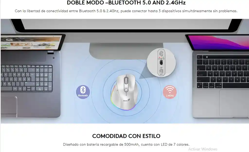 Mouse Genius Ergo 9000s Bluetooth Y 2.4ghz Con Batería Recargable, Diseño Ergonómico Para Diestros, Led 7 Colores Y Modo Silencioso Sin Clics Molestos