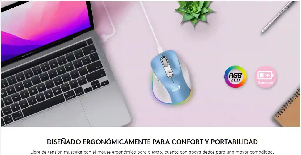 Mouse Genius Ergo 9000s Bluetooth Y 2.4ghz Con Batería Recargable, Diseño Ergonómico Para Diestros, Led 7 Colores Y Modo Silencioso Sin Clics Molestos