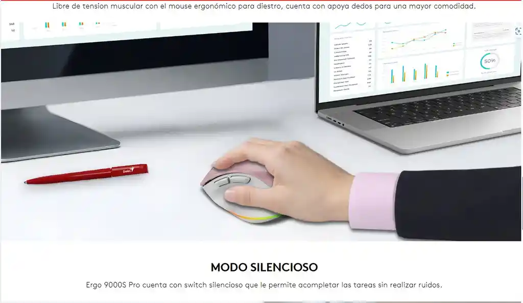 Mouse Genius Ergo 9000s Bluetooth Y 2.4ghz Con Batería Recargable, Diseño Ergonómico Para Diestros, Led 7 Colores Y Modo Silencioso Sin Clics Molestos