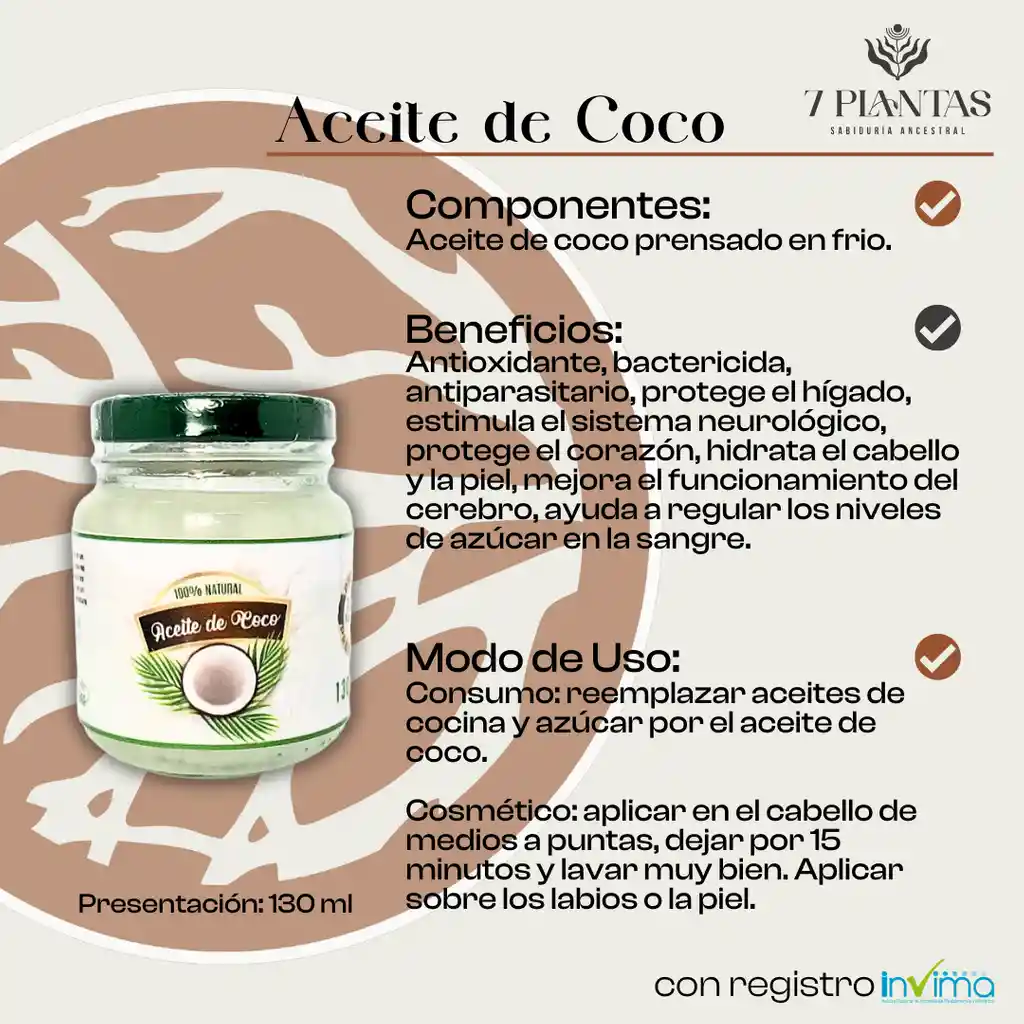 7 Plantas Aceite De Coco Natural 130 Ml