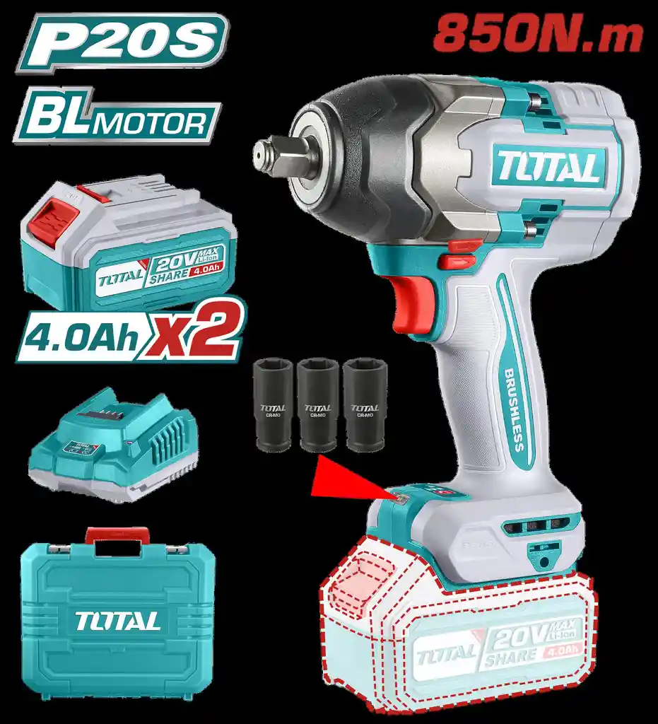 Pistola Impacto Inalambrica 1/2" 20v 850 N.m Incluye 2 Baterias 1 Cargador Industrial Super Total (utiwli2085)