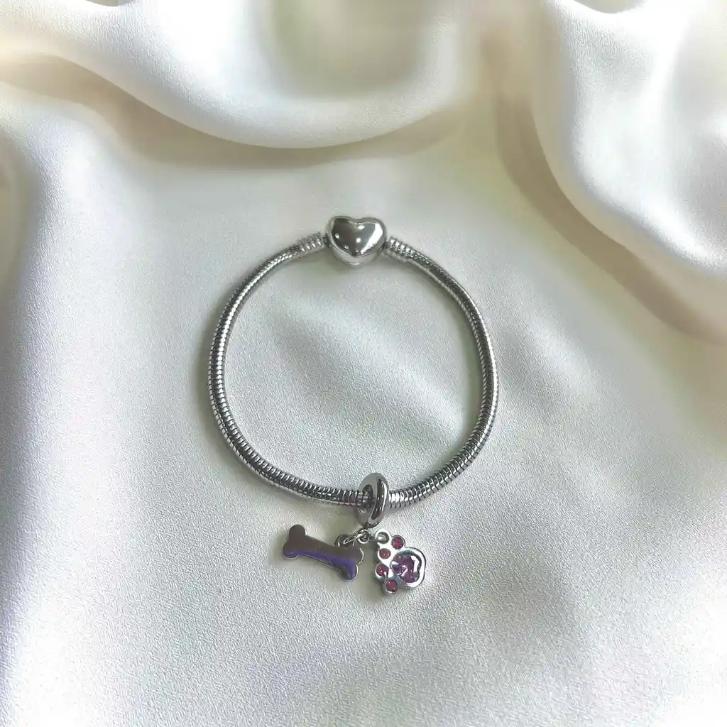 Pulsera Memorias Plateado Talla 17 Cm + Charm Amor Perruno