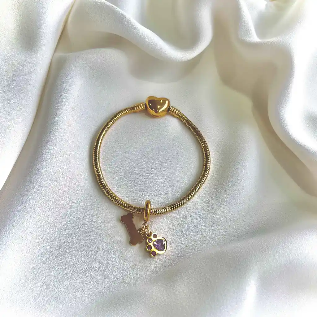 Pulsera Memorias Dorado Talla 19 Cm + Charm Amor Perruno