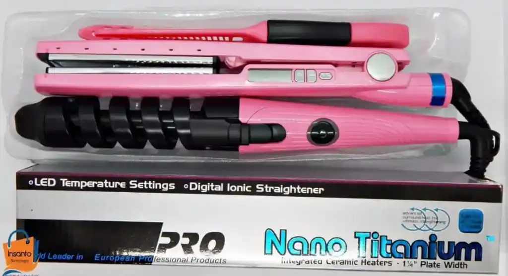 Kit 3 En 1 Para El Cabello, Plancha, Rizadora + Peine Doble Nano Titanium