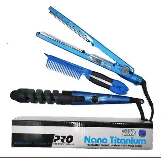 Kit 3 En 1 Para El Cabello, Plancha, Rizadora + Peine Doble Nano Titanium