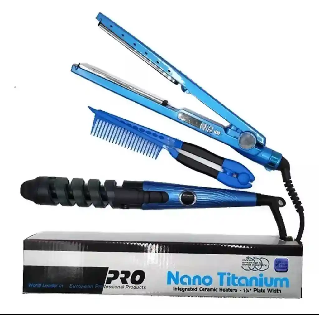 Kit 3 En 1 Para El Cabello, Plancha, Rizadora + Peine Doble Nano Titanium