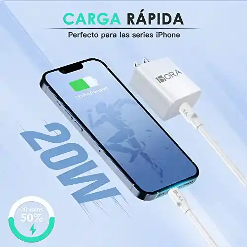 Cargador Iphone 20w 1hora 3a Carga Rapida Cargador Usb C Con Cable A Light-ing 1 M Compatible Para 1phone 14/13/13/12/ 11/x, Pad, Pods
