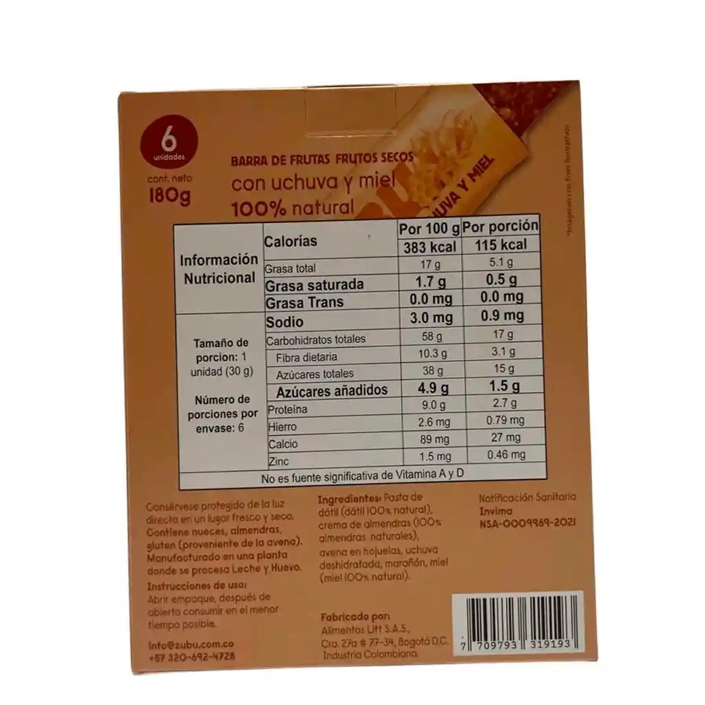 Zubu Barras De Frutas Y Frutos Secos Con Uchuva Y Miel Snack Natural, Energético, Sin Conservantes Fuente De Fibra Y Antioxidantes - 180 G