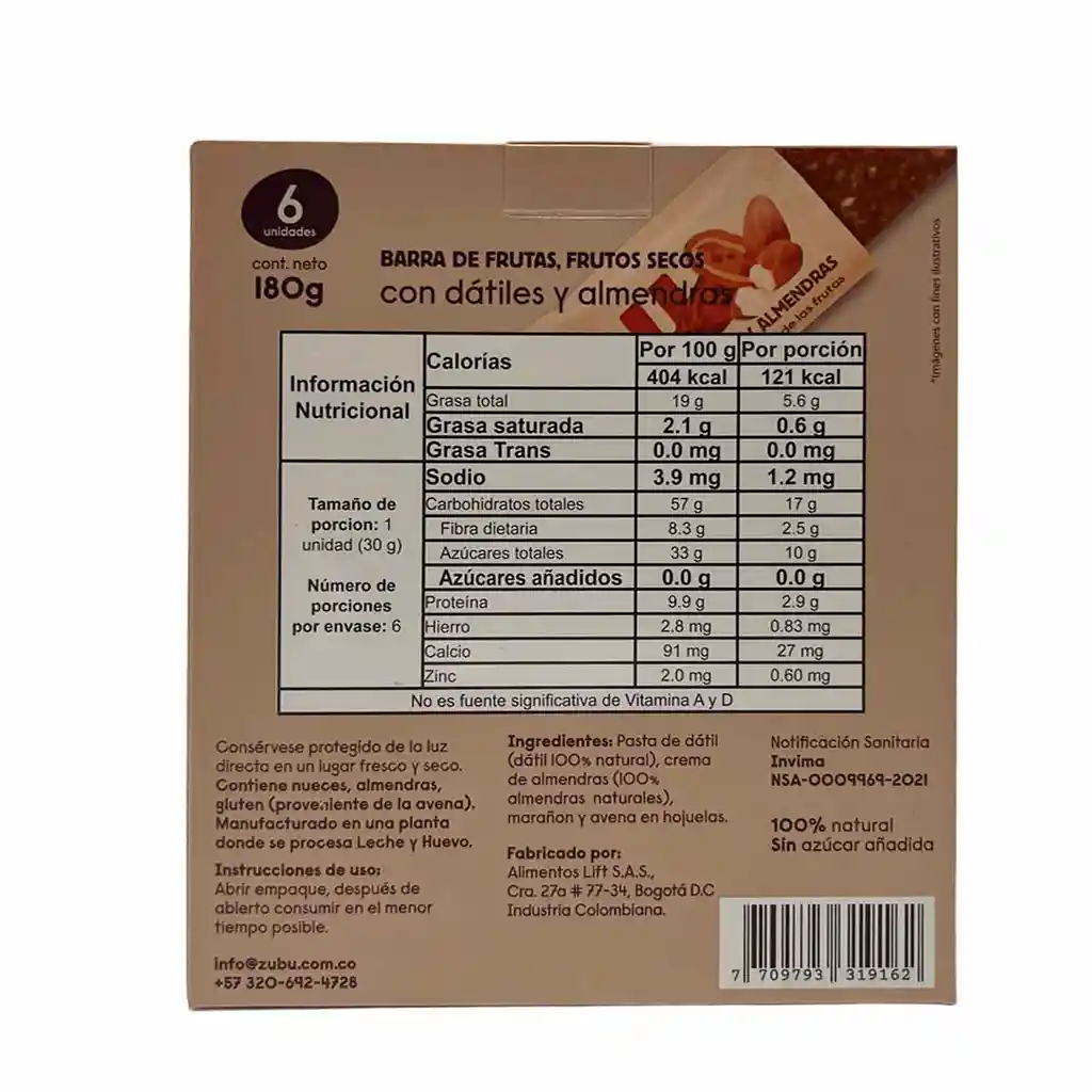 Zubu Barras De Frutas Y Frutos Secos Con Dátiles Y Almendras Snack Natural, Energético, Sin Conservantes Fuente De Fibra Y Antioxidantes - 180 G