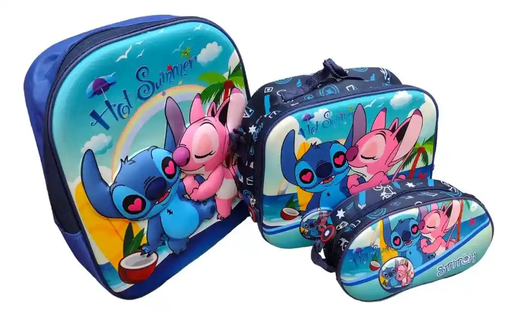 Morral Niña 3d Mediano 3 Bolsillo + Lonchera + Cartuchera X3