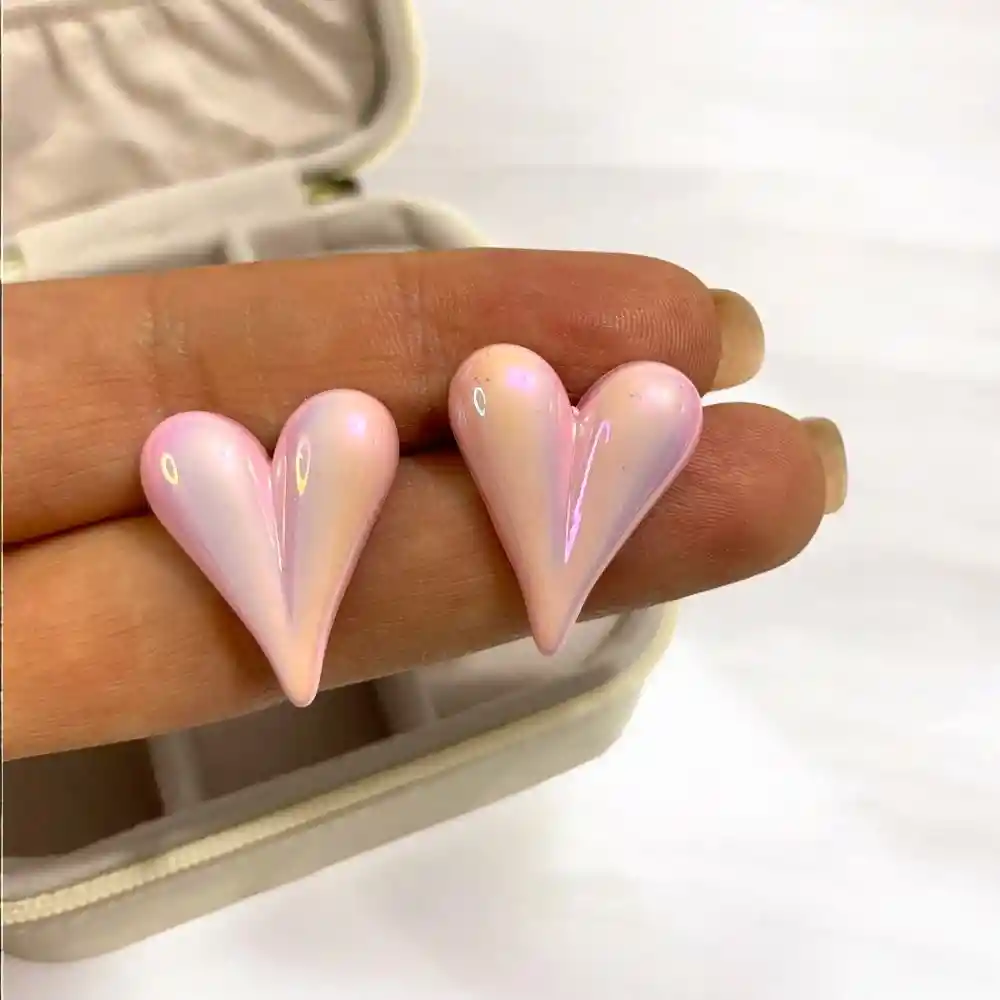 Aretes Topos Corazón Acrílicos Tornasolados Rosados