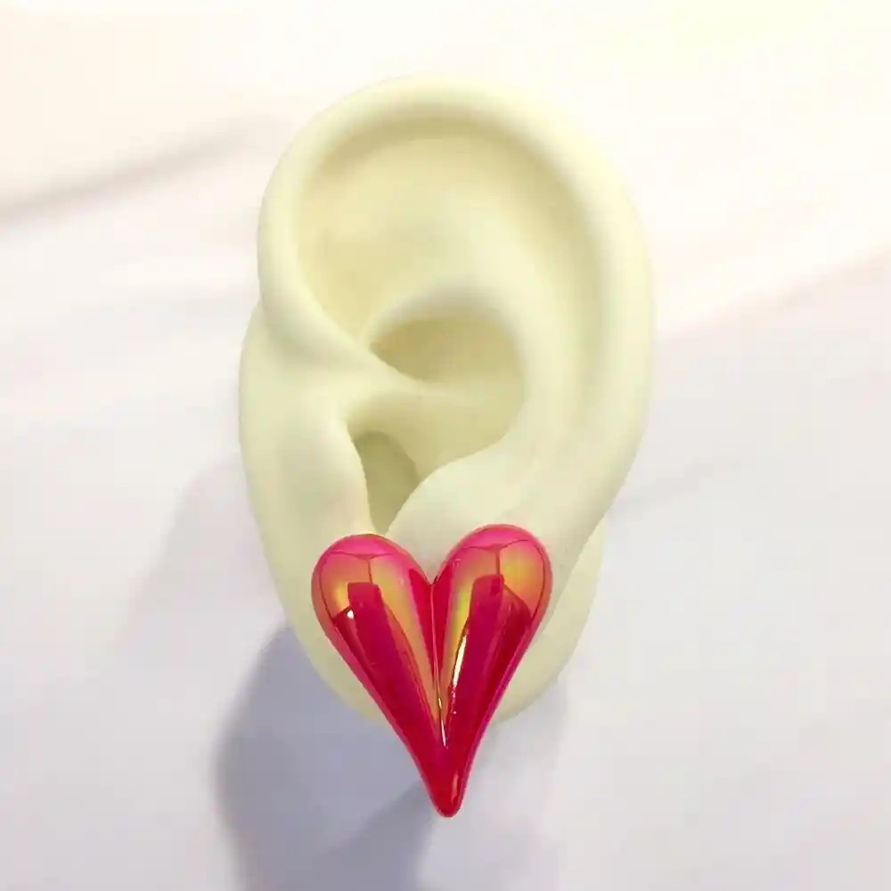 Aretes Topos Corazón Acrílicos Tornasolados Fucsia