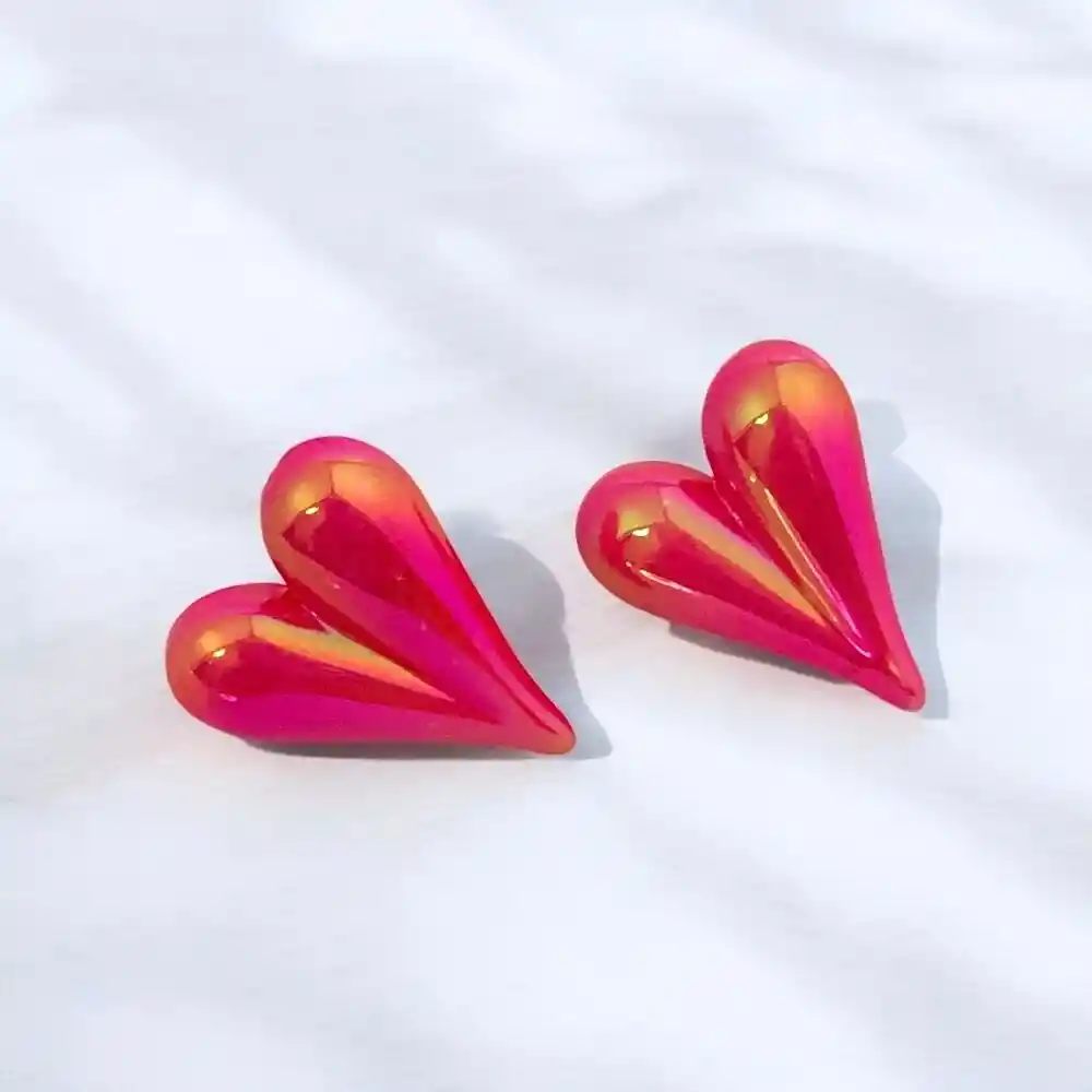 Aretes Topos Corazón Acrílicos Tornasolados Fucsia