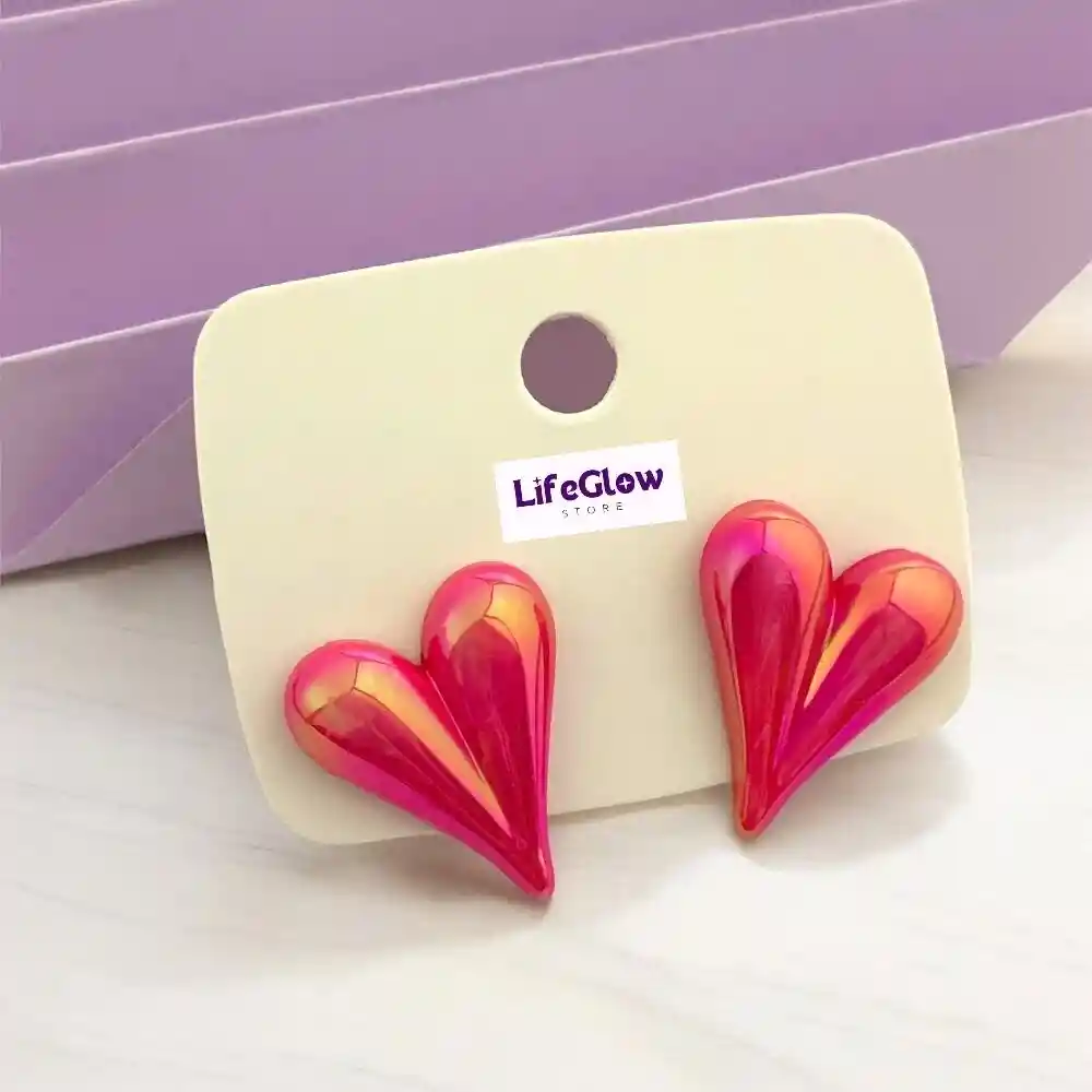 Aretes Topos Corazón Acrílicos Tornasolados Fucsia