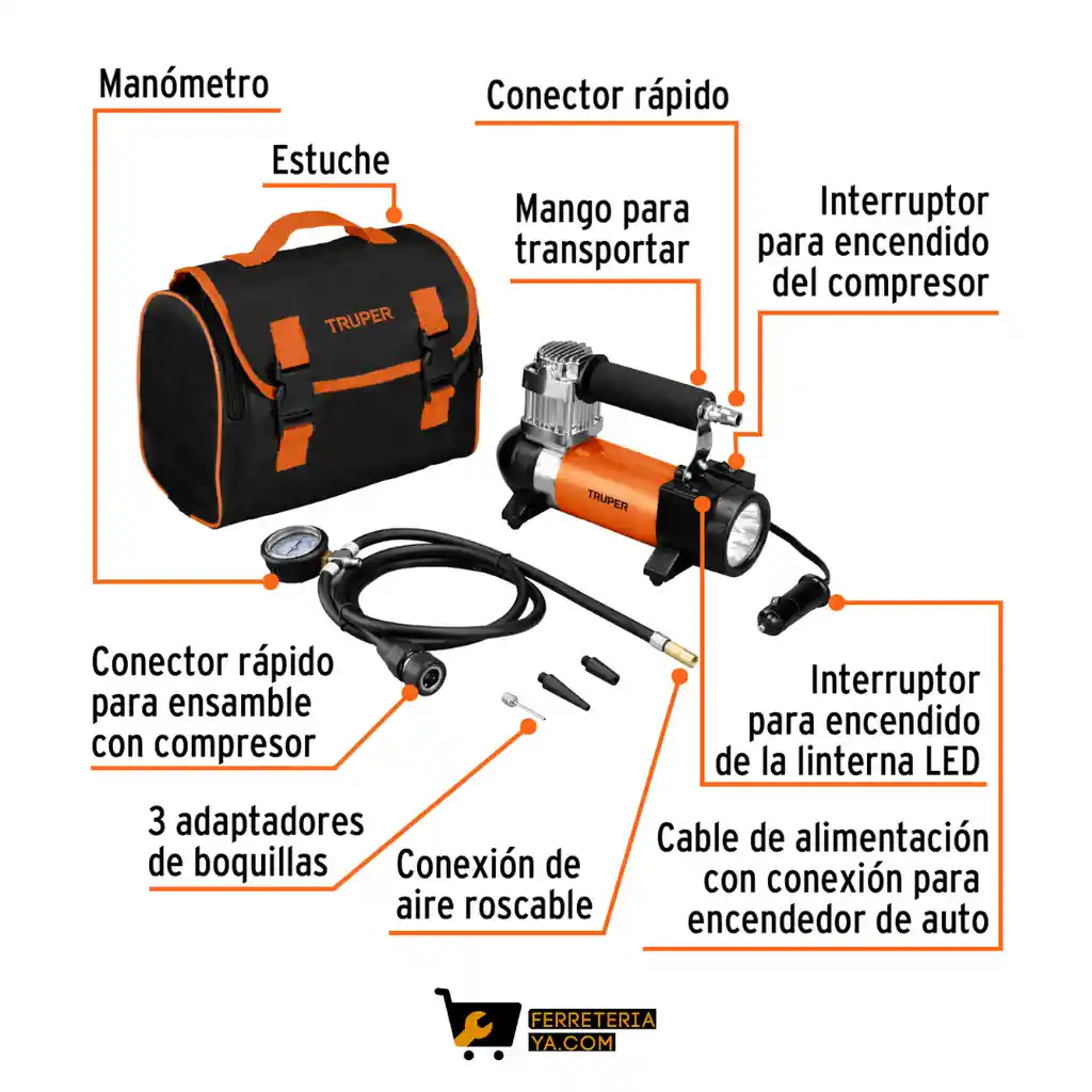 Compresor De Aire 12v Portátil Para Auto Incluye Maletín Truper 19999