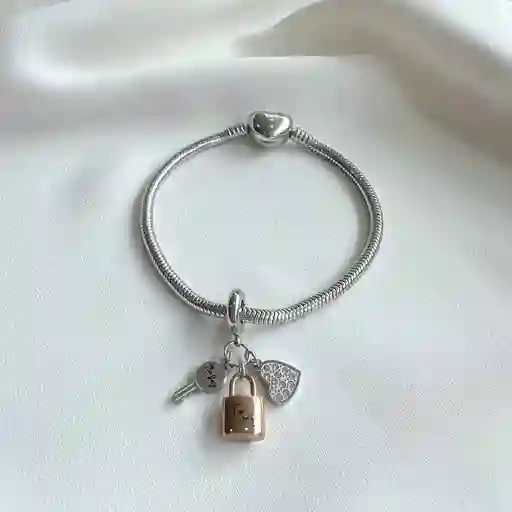 Charm Llave De Mi Corazón + Pulsera Plateado Talla 19 Cm