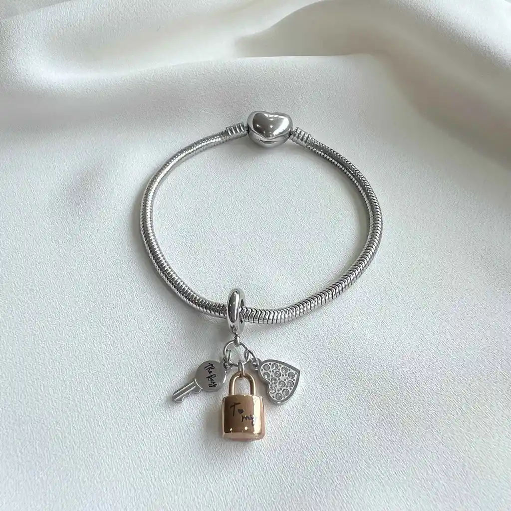 Charm Llave De Mi Corazón + Pulsera Plateado Talla 19 Cm