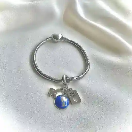 Charm Viajero + Pulsera Plateado Talla 17 Cm