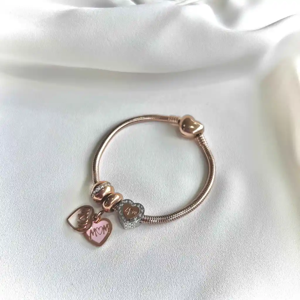 3 Charms Mamá + Pulsera Rosa Talla 19 Cm