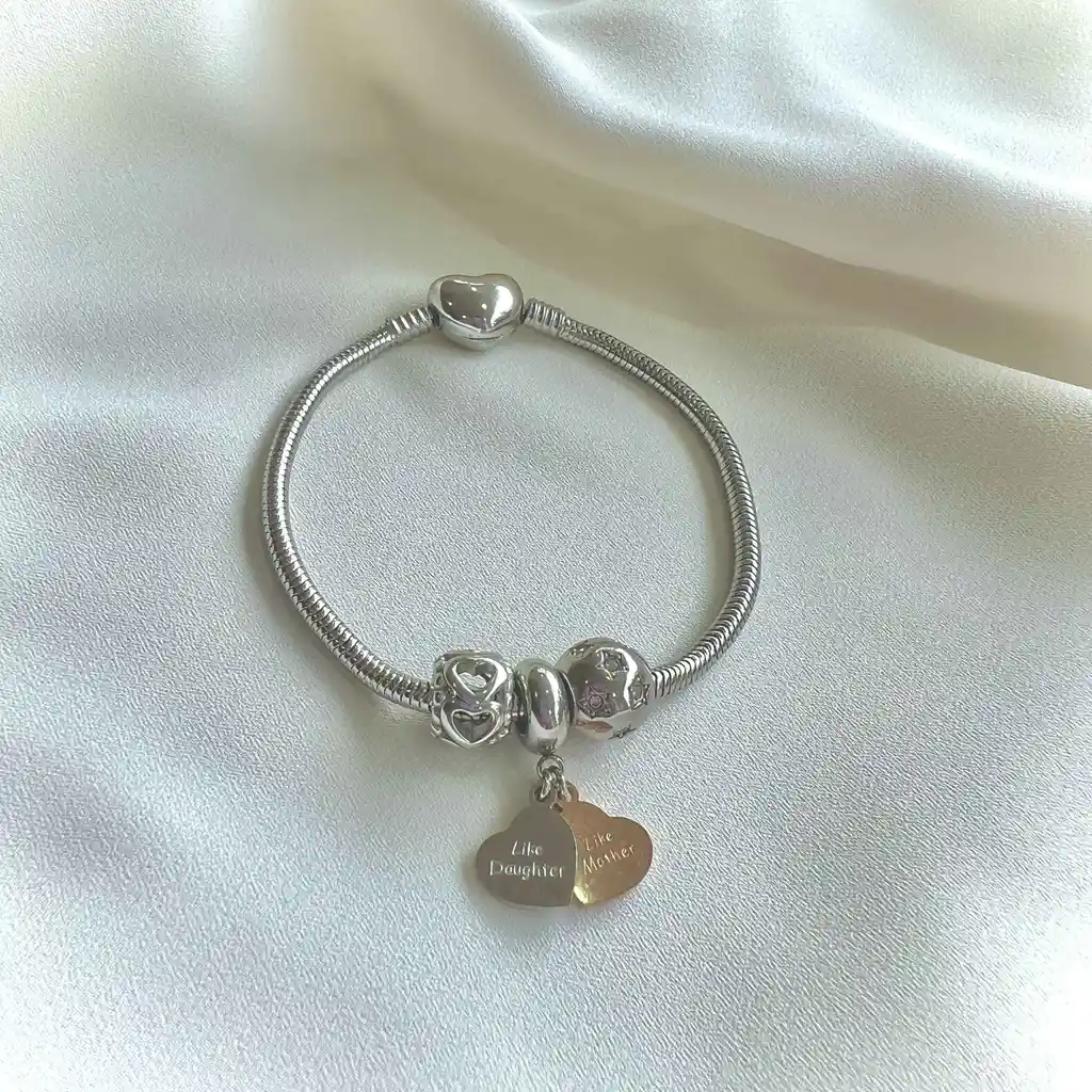 3 Charms Mamá + Pulsera Plateada Talla 17 Cm