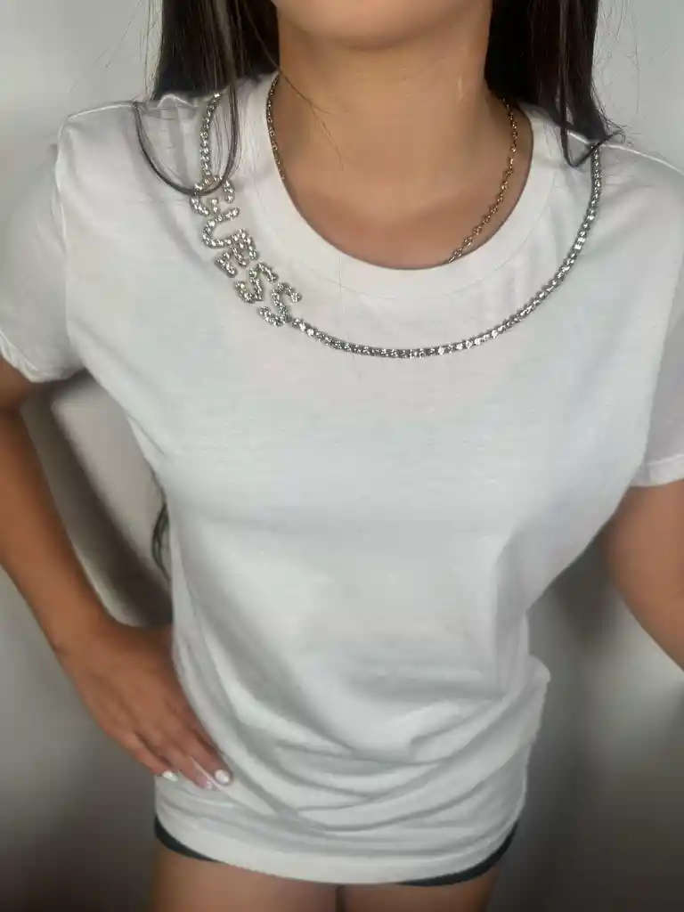 Blusa Guess Blanca Piedras Original Cuello Redondo Camisa