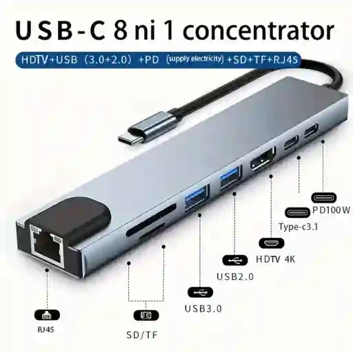 Adaptador Multipuerto Usb-c A 8 Puertos (hdmi, Tipoc, Usb,ds,tf, Rj45)