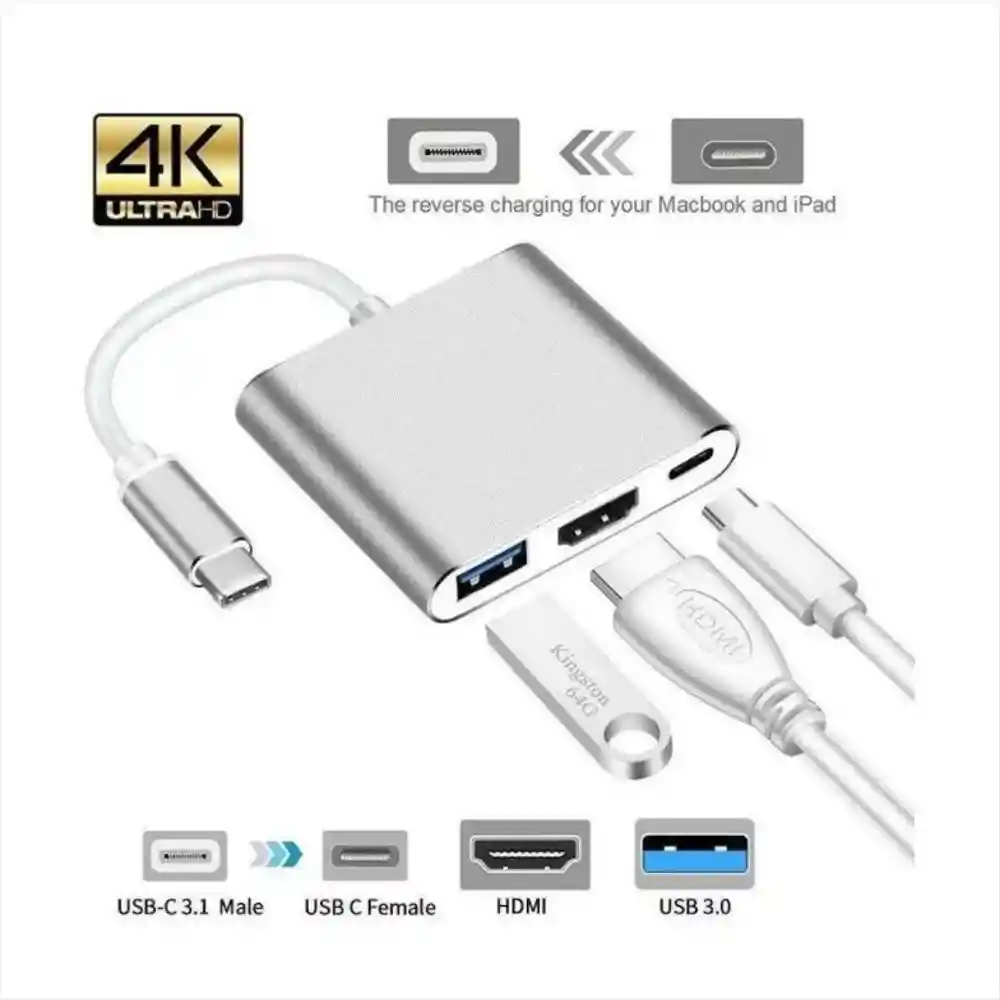 Convertidor Tipo C 3 En 1 / Tipo C + Hdmi + Usb 3.0 / Conexion Plug And Play