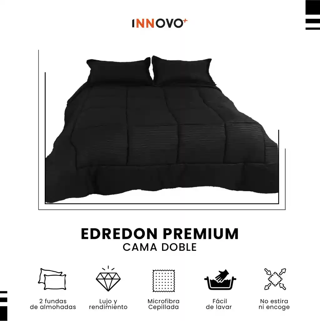 Combo Edredón Cama Doble Negro Premium + 2 Almohadas Confort Siliconado + Par Fundas Satín