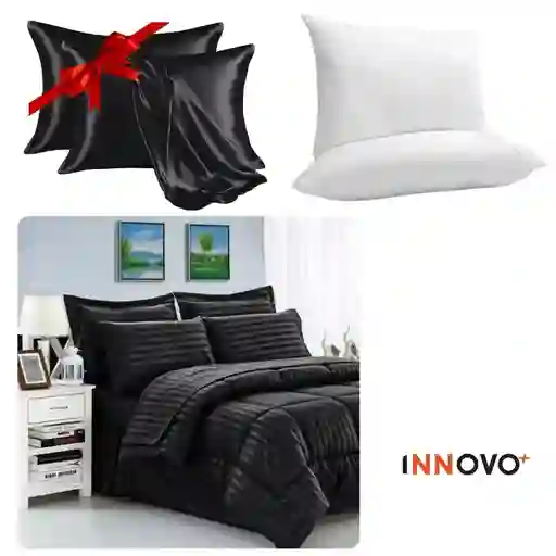Combo Edredón Cama Doble Negro Premium + 2 Almohadas Confort Siliconado + Par Fundas Satín