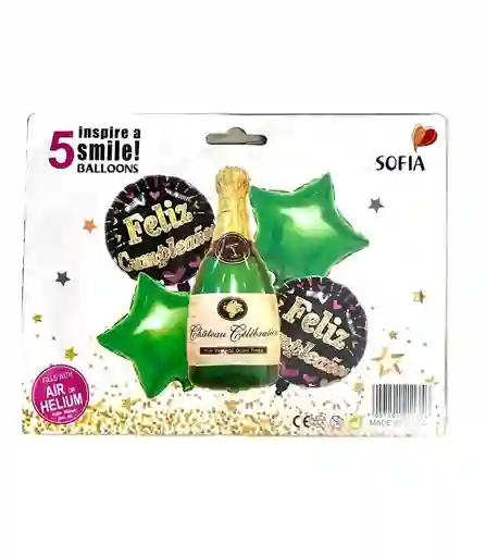Bouquet 5 Piezas Champaña Verde Feliz Cumpleaños Globos Metalizados